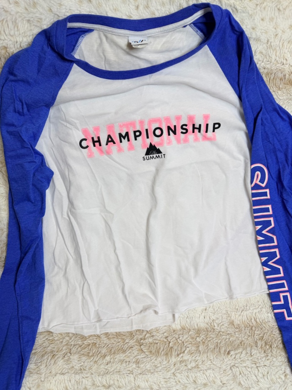 Summit Championship Raglan Tee - White & Royal Blue with Pink Accent